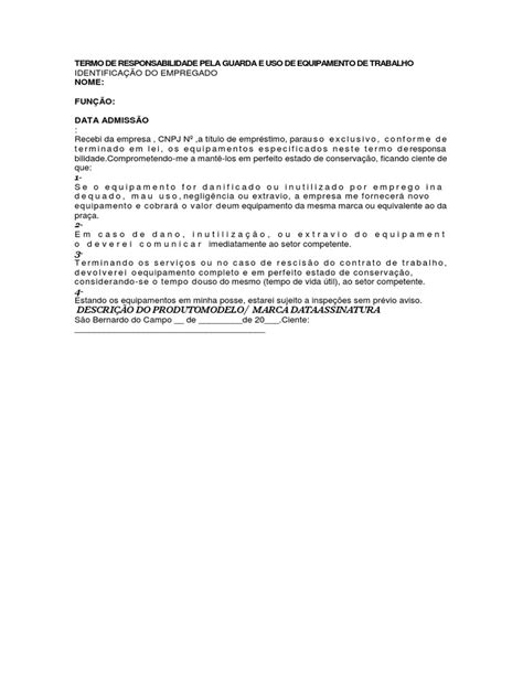 Termo De Responsabilidade Pela Guarda E Uso De Equipamento De Trabalho