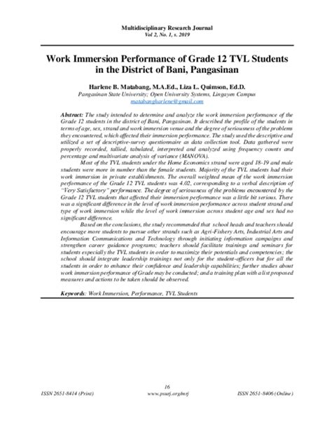 Pdf Work Immersion Performance Of Grade 12 Tvl Students In The