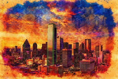 Skyline Of Downtown Dallas Texas At Twilight Digital Painting