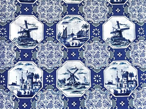 Delft Blue Cotton Fabric Dutch Print Castles And Windmills Etsy