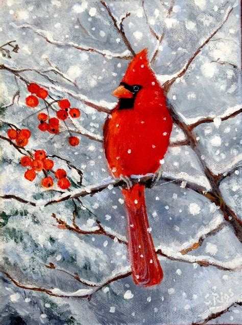 Cardinal Red Cardinal Print Cardinal In Snow Red Bird Bird Etsy Christmas Paintings Birds