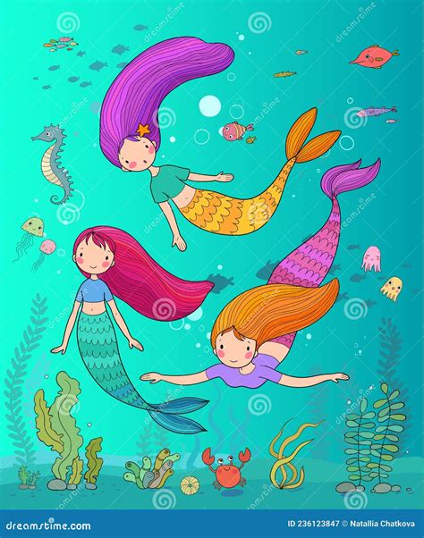 Mermaids Cartoon Characters With Cute Sea Animals Vector Set