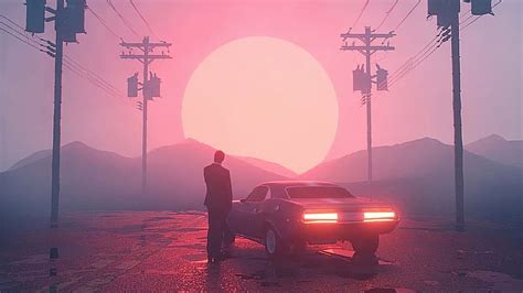 Man Is Standing Near Car During Sunset Vaporwave Hd Wallpaper Peakpx
