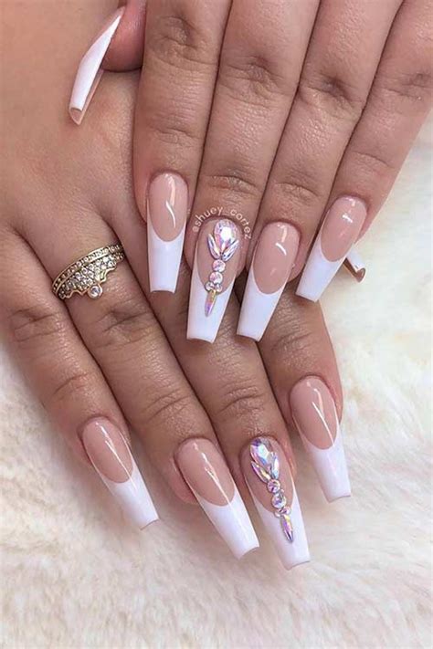 Opal base, white tips, silver line and black/white/silver design. 23 White Tip Nails That Will Never Go Out of Style | StayGlam