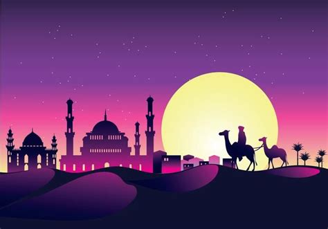 Vector Illustration Caravan With Camels At Night With Mosque And