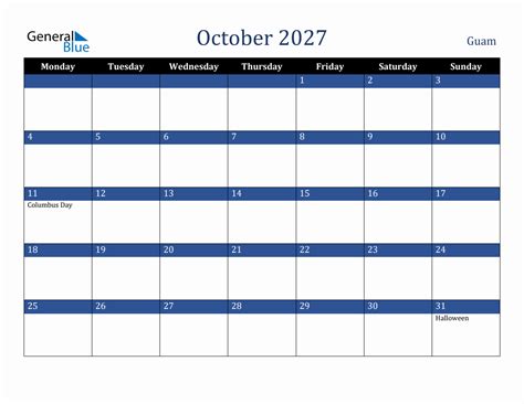October 2027 Guam Holiday Calendar