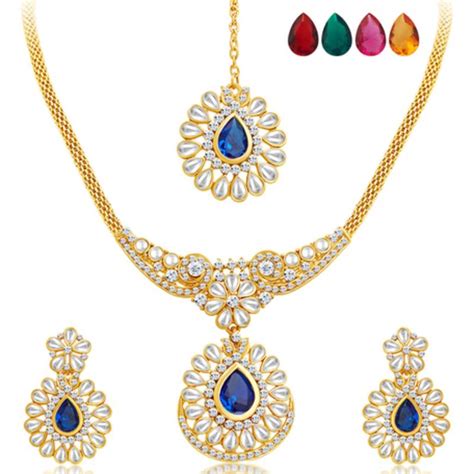 Trendy Gold Plated Ad Necklace Set With Set Of 5 Changeable Stone