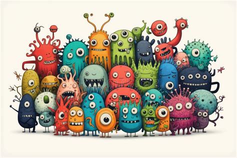group of doodle styled cute and adorable monsters drawn colorful mascot generative ai stock