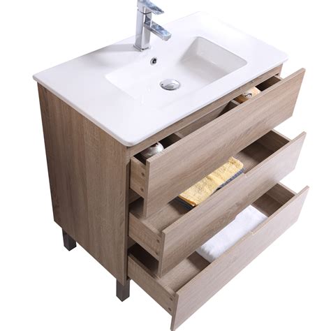 Delivery or click & collect. 800mm Light Oak Floor Standing 3 Drawer Vanity Unit Basin ...