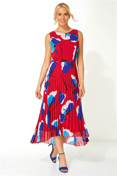 Floral Pleated Fit And Flare Midi Dress In Red Roman Originals Uk