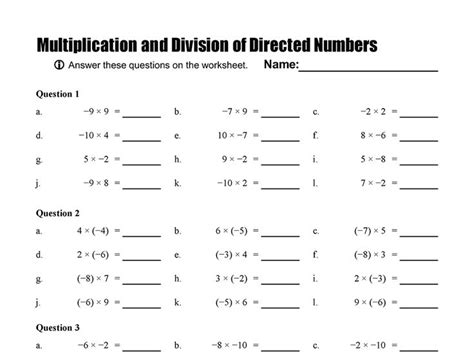 The Worksheet For Addition And Division Of Directed Numbers Is Shown In