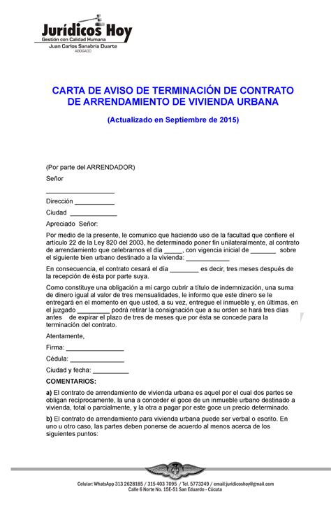 Carta DE Aviso DE Terminación DE Contrato DE Arrendamiento DE Vivienda Urbana CARTA DE AVISO