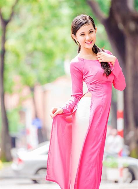 Ao Dai Vietnam Custom Made Silk Satin Pink And White No Paint Round Neck Hienthao Casual