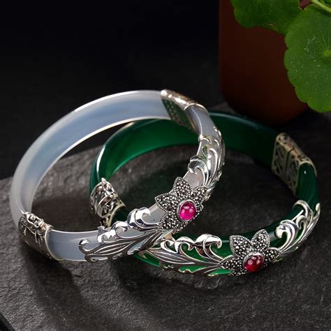 LouLeur 925 Sterling Silver Jade Bangles Silver Green White Handmade