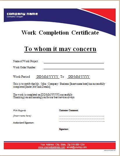 Work Completion Certificate Template Free Word Templates