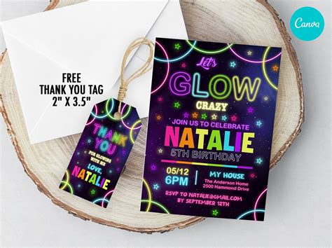 Glow Party Birthday Invitation Glow Invitation Glow Party Template Glow Thank You Tag Glow