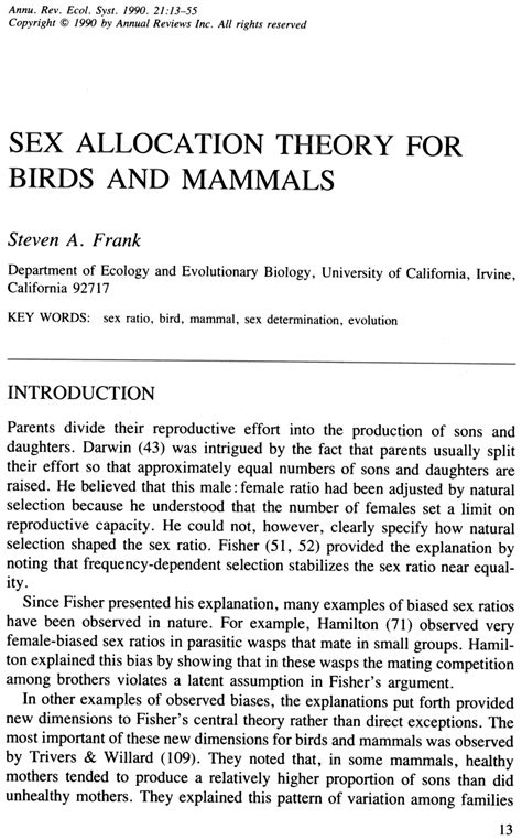 Pdf Sex Allocation Theory For Birds And Mammals