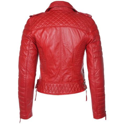 Handmade Womens Leather Biker Jacket Red Color Zipper Pockets And