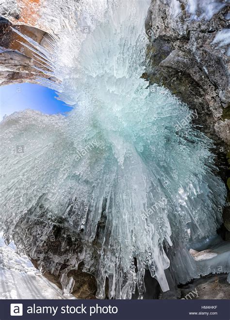 Panorama Dawn In An Ice Cave With Icicles On Baikal Olkhon Stock Photo