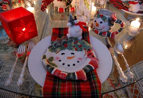 Winter Tablescape With Snowman Plates Plaid Napkins And A Natural