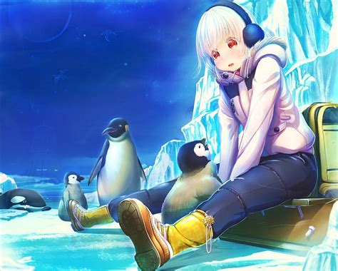 Girl With Penguins Penguin Manga Headphones Tagme Animal Winter