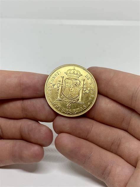 Gold Plated Coin 100 Pesetas Alfonso Xiii 3rd Portrait Gold Plated