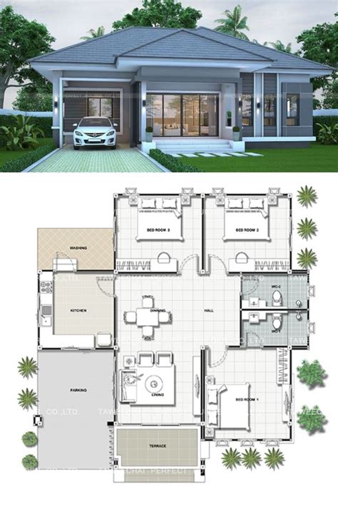 Gray Bungalow With Three Bedrooms Modern Bungalow House Plans