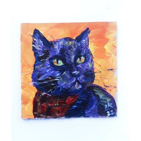 Original Painting Black Cat Portrait 5x5 Modern Impressionism Signed