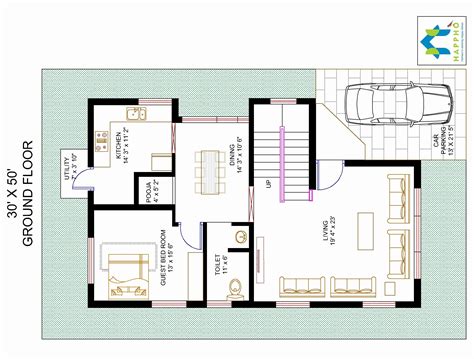 30 50 House Plans 3 Bedroom New Bhk Floor Plan For X Plot Prepossessing
