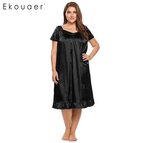 Ekouaer 2017 Brand Satin Nightgown Women Wrap V Neck Short Sleeve Lotus Leaf Pleated Solid Dress