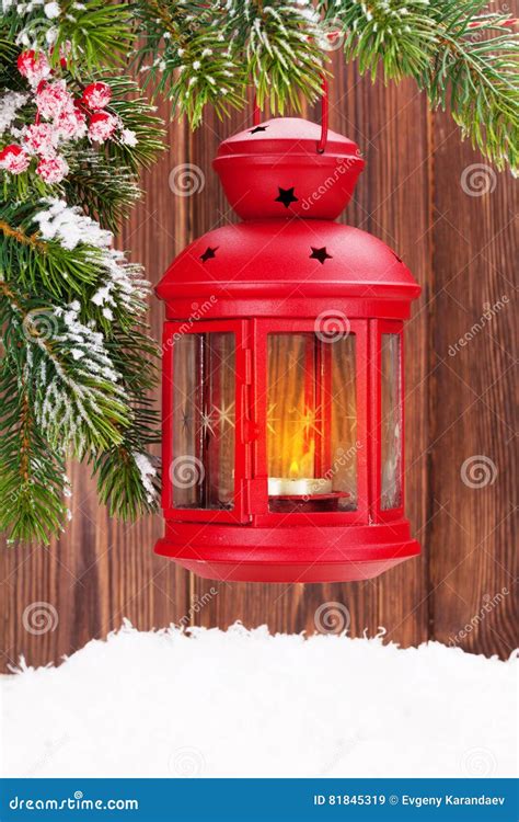 Christmas Candle Lantern On Fir Tree Branch Stock Image Image Of