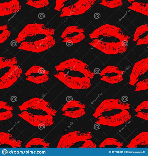 Seamless Pattern Lipstick Kiss On Black Background Bright Red Lips