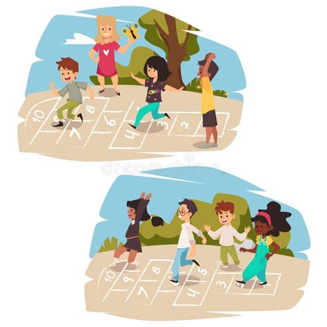 Children Playing Hopscotch And Having Fun Flat Vector Illustration