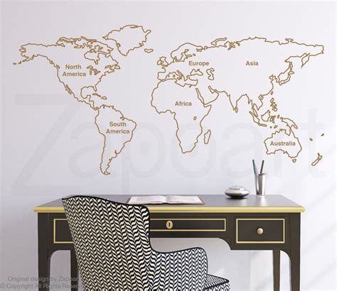 Outlined World Map Wall Decal With Continents Map Wall Decal World