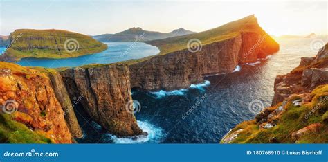 Sorvagsvatn Lake And Waterfall Into The Ocean In Western Faroe Island