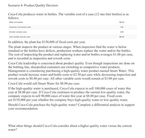 Solved Scenario Product Quality Decision Coca Cola Chegg Com