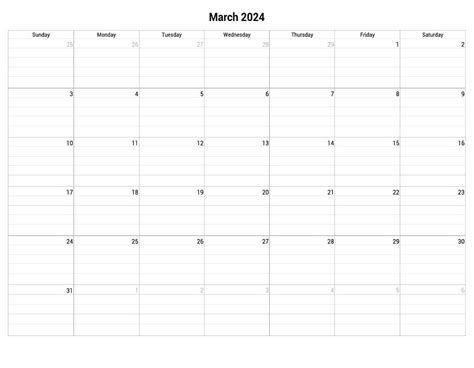 Printable March 2024 Fillable Calendar Grid With Lines Free Download
