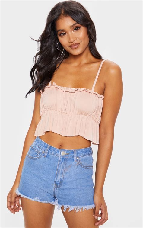 nude jersey ruched strappy crop top tops prettylittlething ca