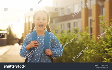 School Girl Kid Runs Backpack School Stock Photo 2163839665 Shutterstock