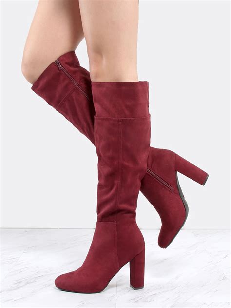 Faux Suede Chunky Heel Knee Boots Burgundy Burgundy Knee High Boots Faux Suede Boots Thick