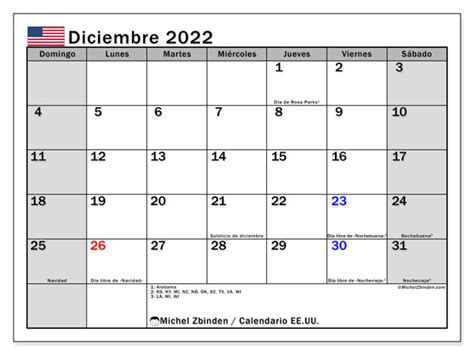 Calendario “eeuu” Diciembre De 2022 Para Imprimir Michel Zbinden Es