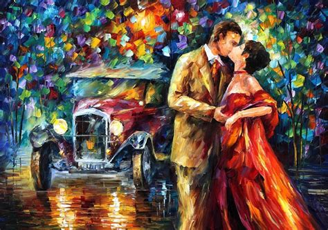 A Painting Of A Couple Kissing In Front Of An Old Car