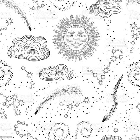 Hand Drawn Galaxy Stars And Constellations With Sun And Clouds Seamless