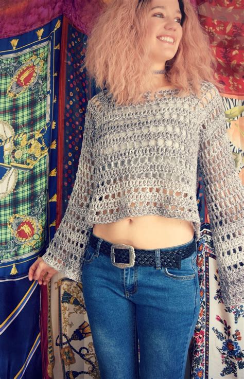 Crochet Pattern Window Box Sweater Bell Sleeve Crop Top Etsy In