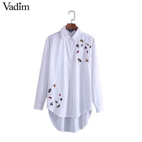 Women Cute Bees Insects Embroidery White Long Blouse Dragonfly Ladybug
