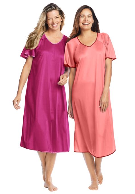 Only Necessities Womens Plus Size 2 Pack Short Silky Gown Pajamas