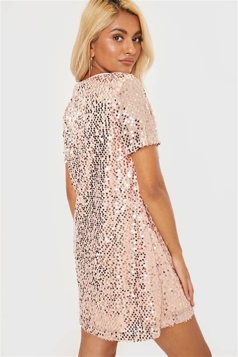 Madeline Rose Gold Sequin T Shirt Dress In The Style