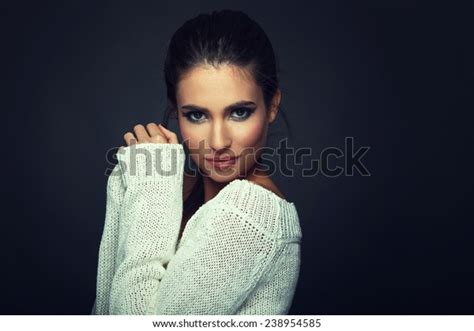 Beautiful Woman White Sweater Posing Studio Stock Photo 238954585