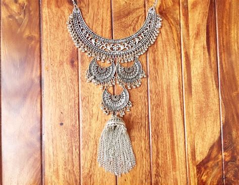 Trendy Afghani Oxidized Silver Statement Necklace With Tassels Silver