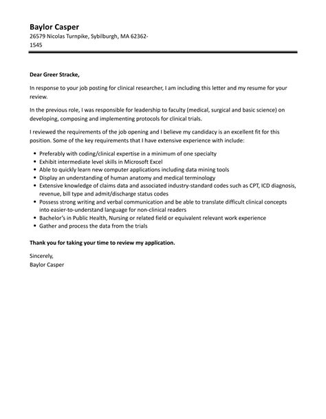 Clinical Researcher Cover Letter Velvet Jobs